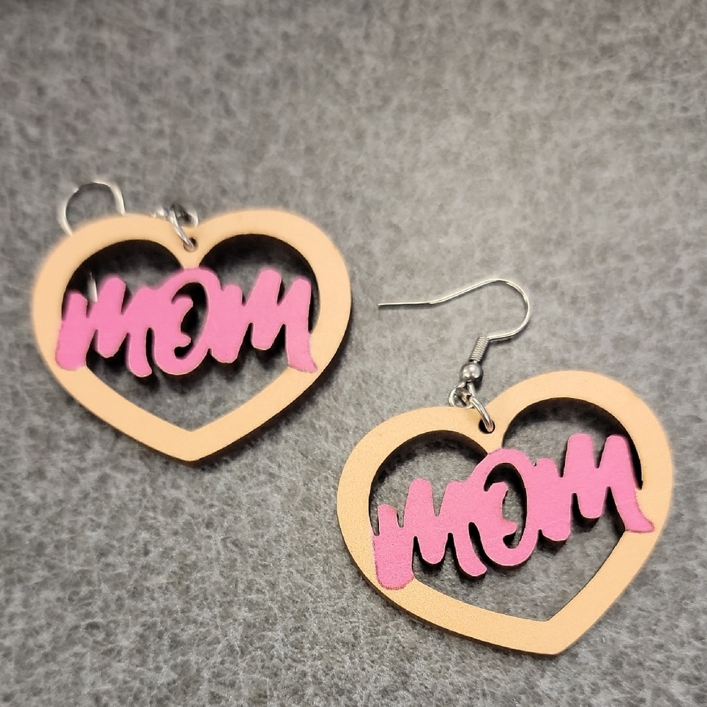 Pink and Tan Heart 'Mom' Earrings